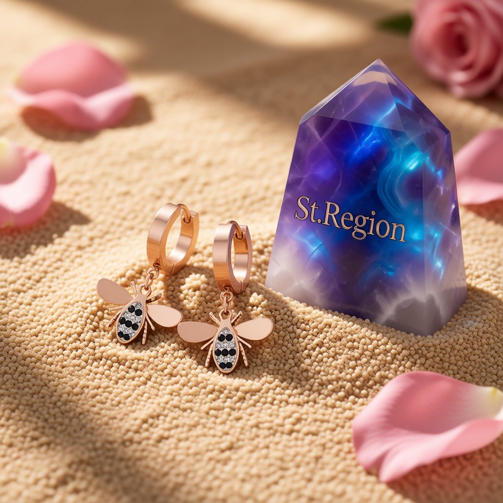 Cubic Zirconia and Rose Gold-Plated Bee Drop Earrings, rose gold huggie earrings, dainty minimalist design, detail close-up