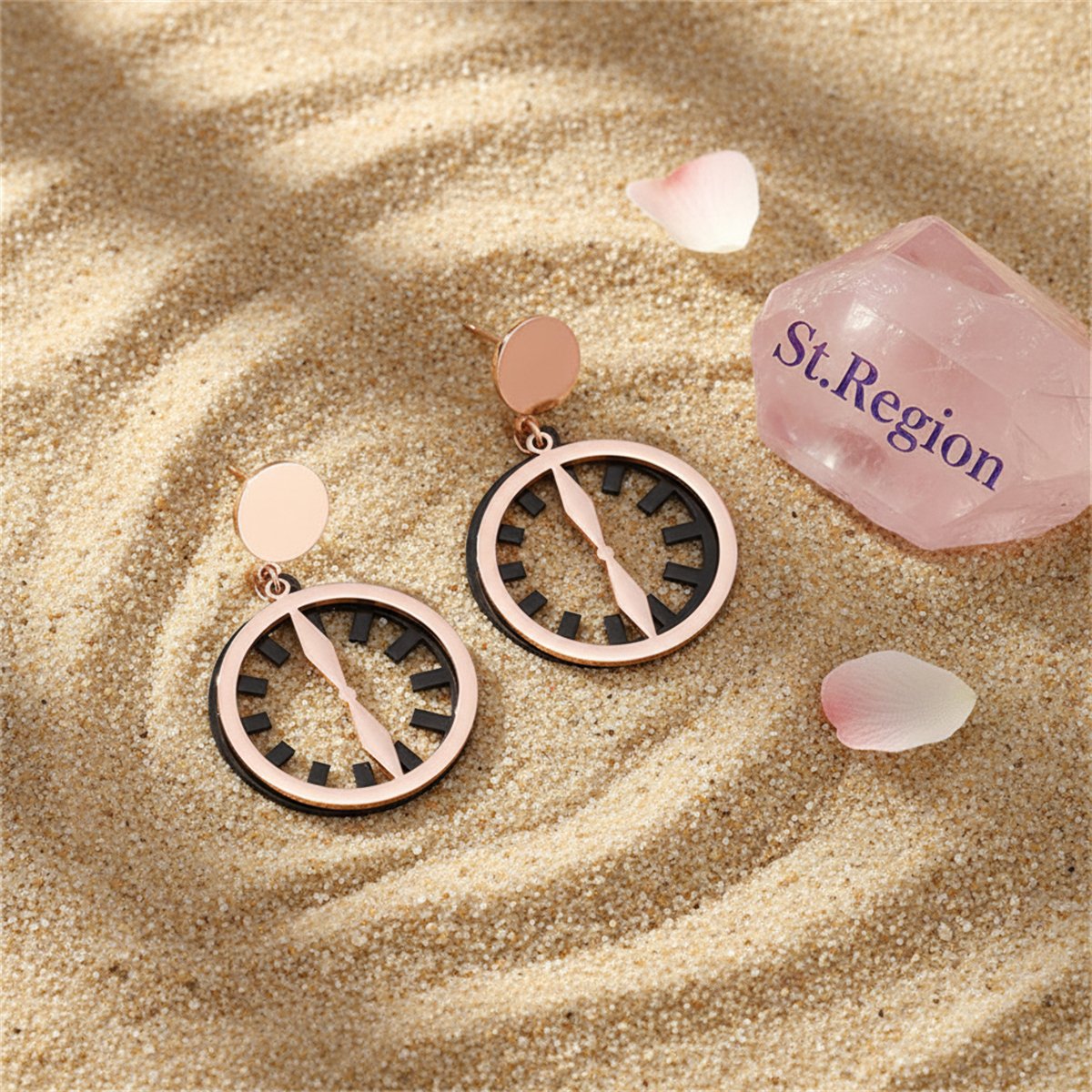 Black and 18K Rose Gold-Plated Clock Drop Earrings, rose gold drop earrings for women, botanical inspired, detail close-up