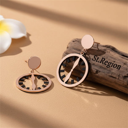 Black and 18K Rose Gold-Plated Clock Drop Earrings, rose gold drop earrings for women, botanical inspired, front view