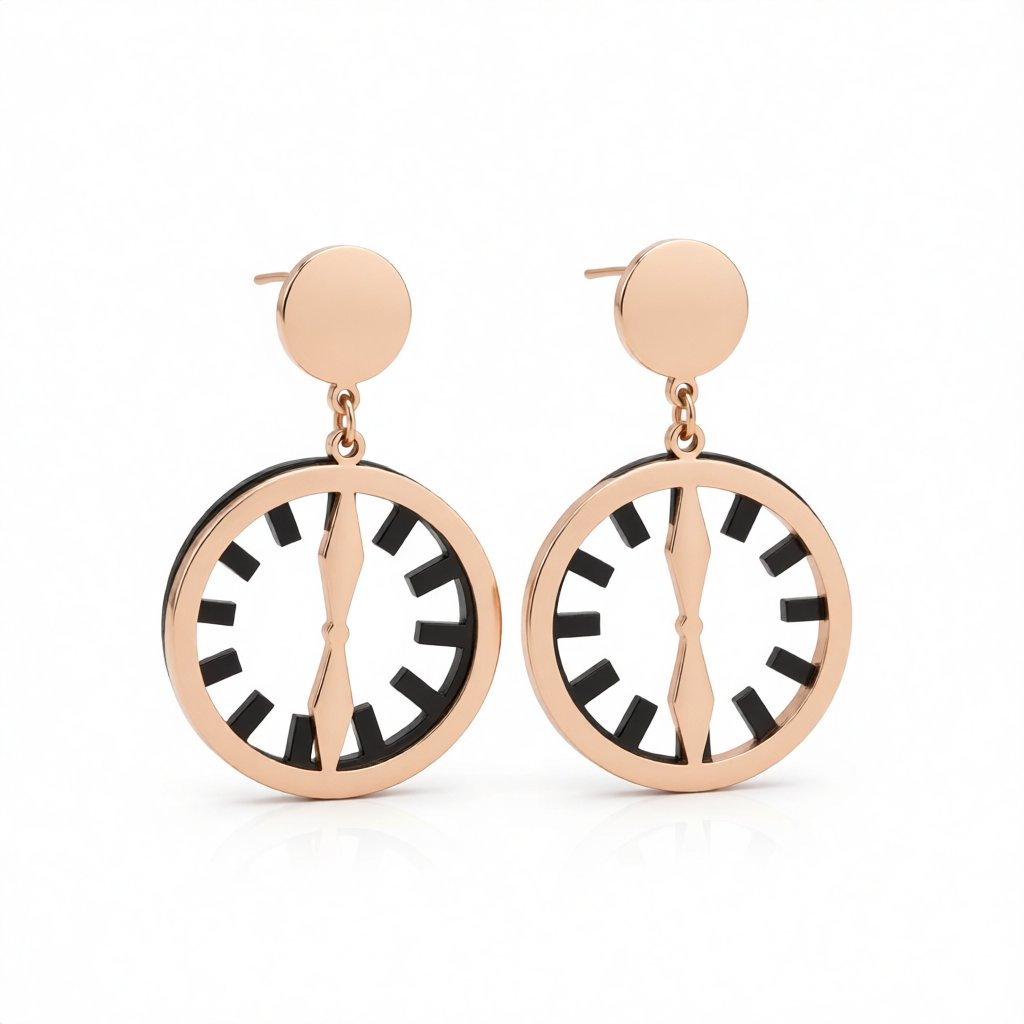 Black and 18K Rose Gold-Plated Clock Drop Earrings, rose gold drop earrings for women, botanical inspired, side view