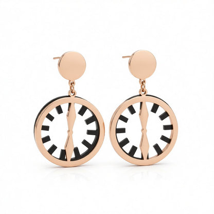 Black and 18K Rose Gold-Plated Clock Drop Earrings, rose gold drop earrings for women, botanical inspired, side view