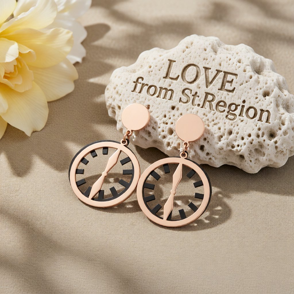 Black and 18K Rose Gold-Plated Clock Drop Earrings, rose gold drop earrings for women, botanical inspired, lifestyle look