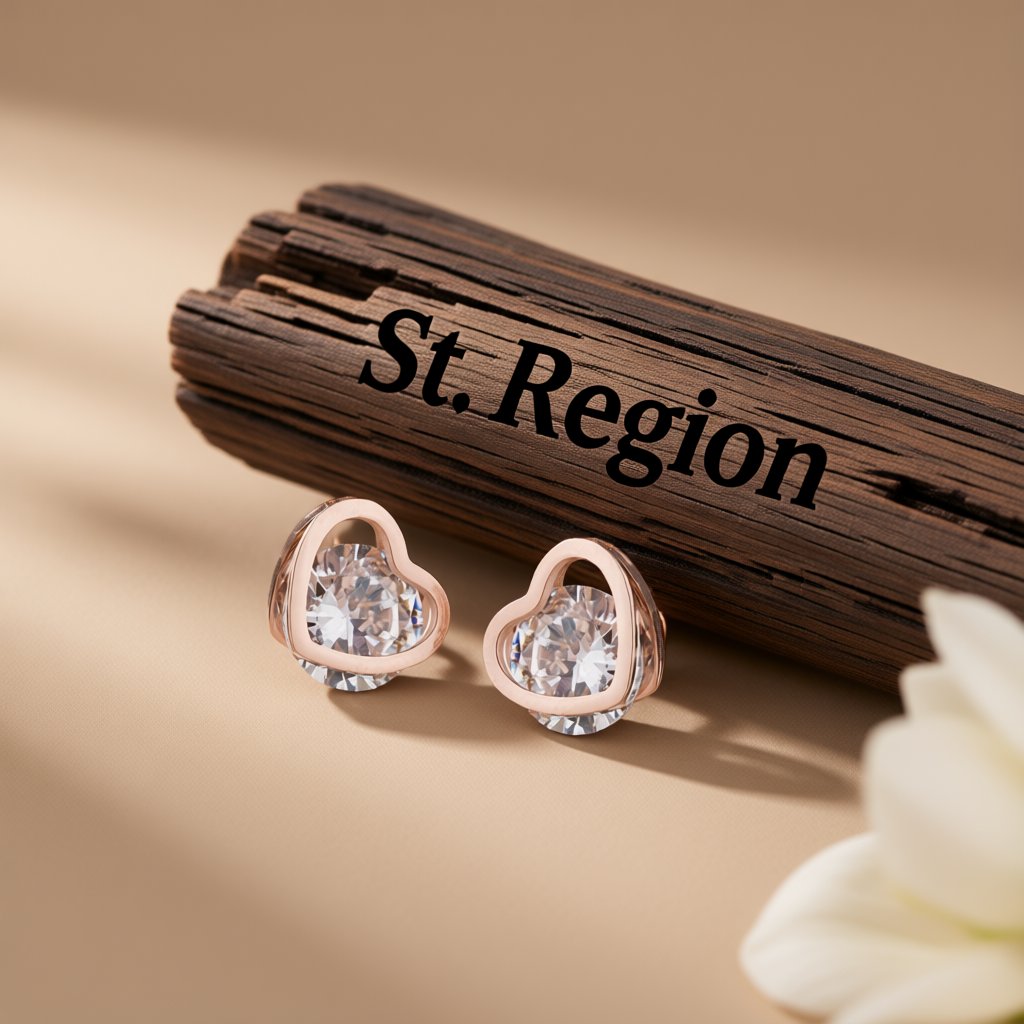 Cubic Zirconia and 18K Rose Gold-Plated Heart Stud Earrings, rose gold stud earrings for women, front view