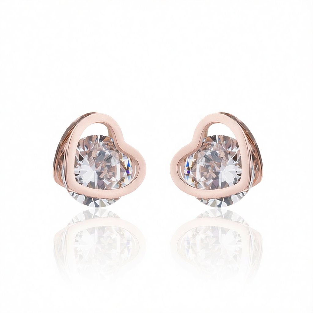 Cubic Zirconia and 18K Rose Gold-Plated Heart Stud Earrings, rose gold stud earrings for women, side view