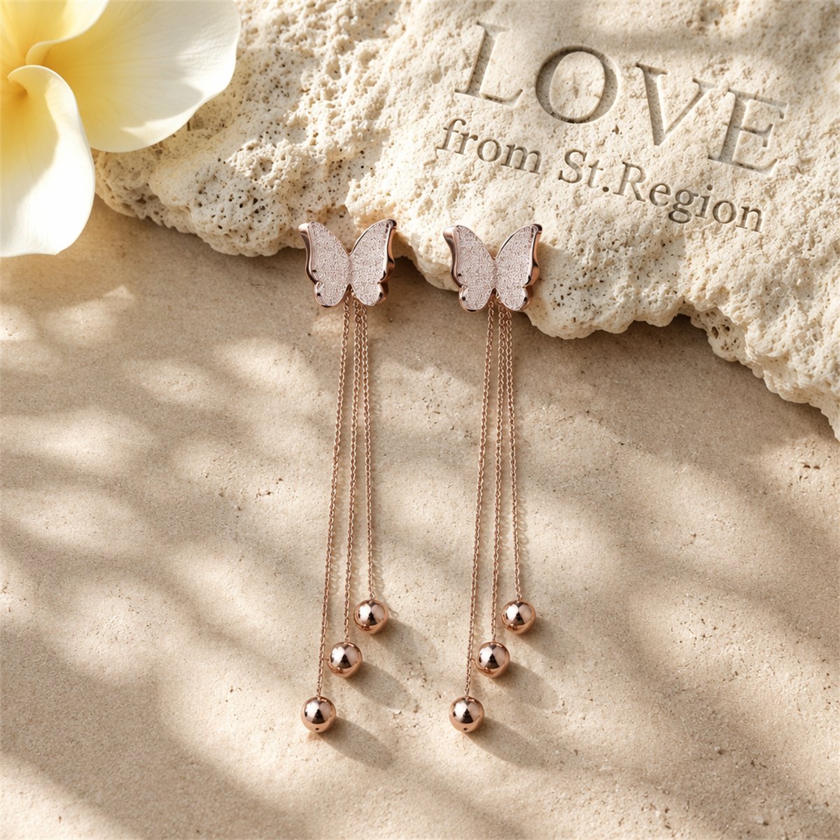 18K Rose Gold-Plated Butterfly Bead Drop Earrings, rose gold drop earrings for women, everyday style, lifestyle look