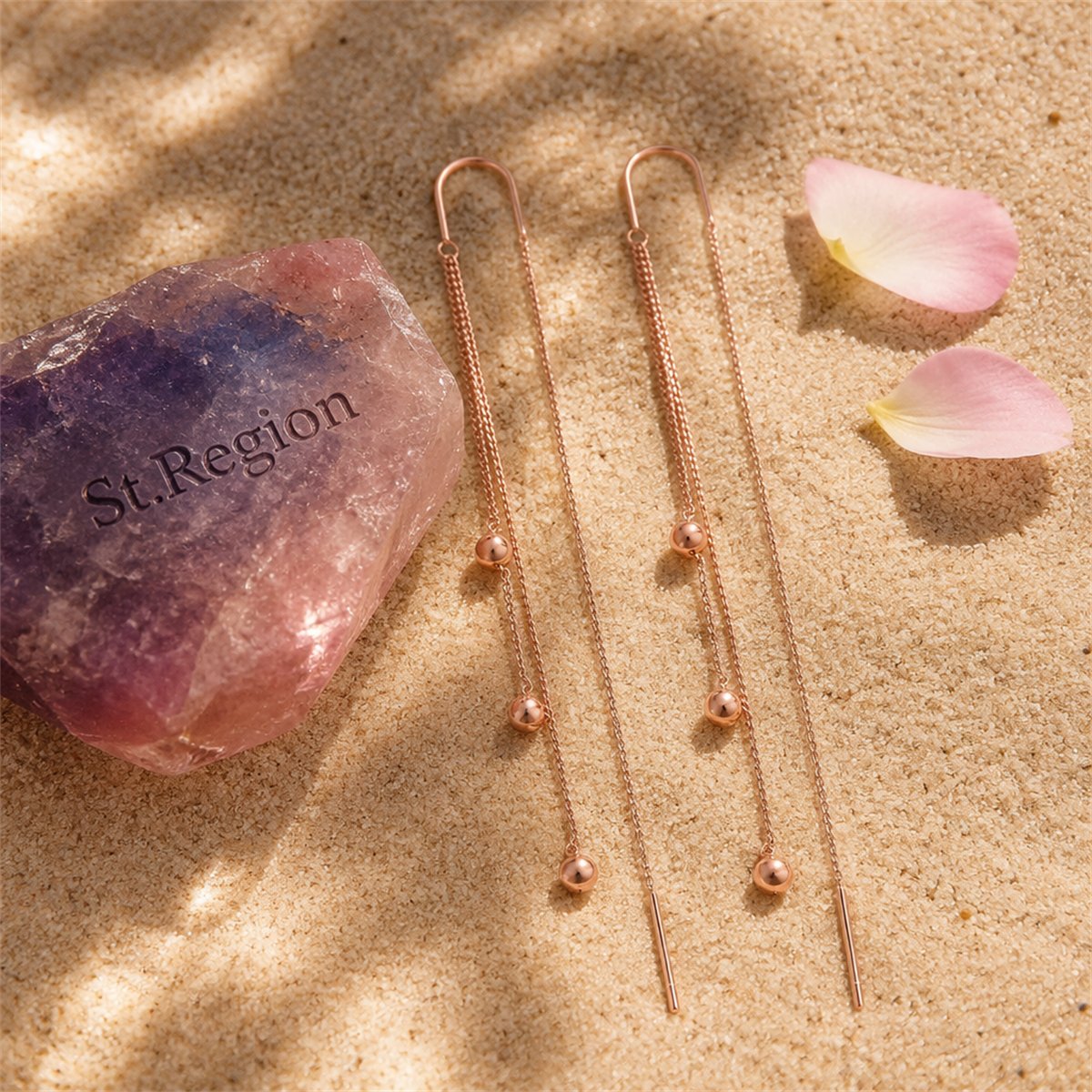 18K Rose Gold-Plated Beaded Tassel Drop Earrings, dainty minimalist design, detail close-up