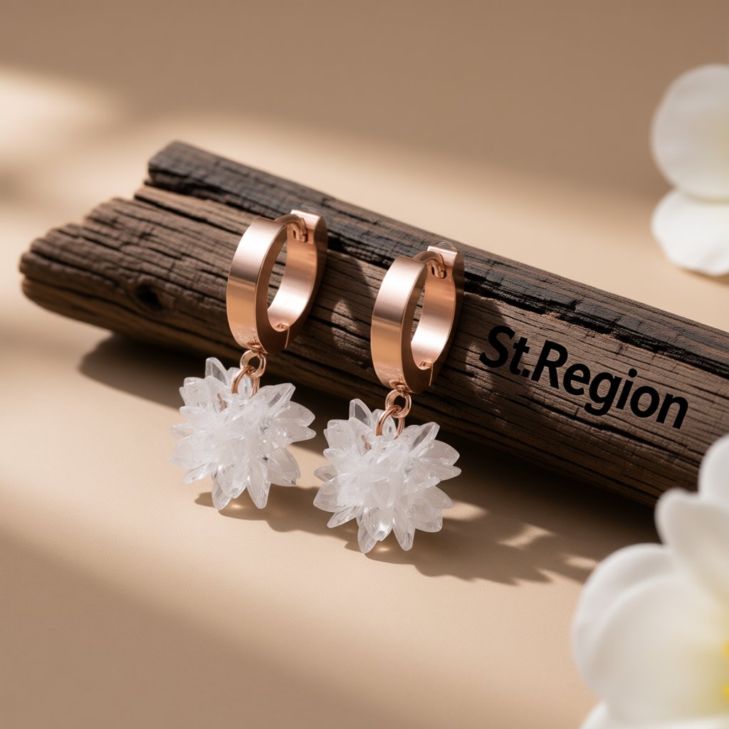 Cubic Zirconia and 18K Rose Gold-Plated Snowflake Drop Earrings, rose gold huggie earrings, elegant gift for her, front view