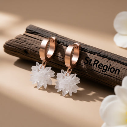Cubic Zirconia and 18K Rose Gold-Plated Snowflake Drop Earrings, rose gold huggie earrings, elegant gift for her, front view