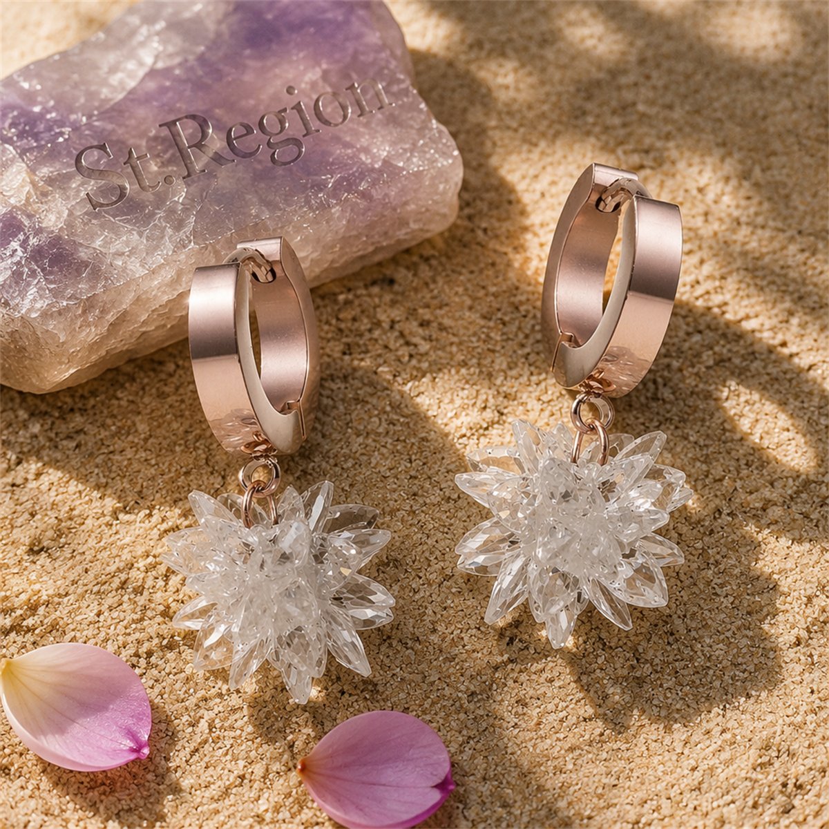 Cubic Zirconia and 18K Rose Gold-Plated Snowflake Drop Earrings, rose gold huggie earrings, detail close-up