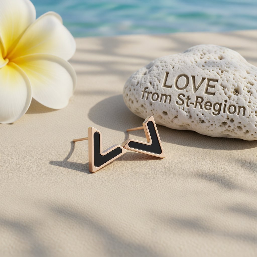 Black & 18K Rose Gold-Plated V Stud Earrings