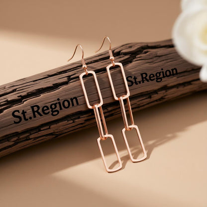 18K Rose Gold-Plated Triple Rectangle Drop Earring, rose gold drop earrings for women, dainty minimalist design, front view