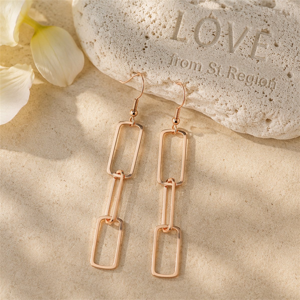 18K Rose Gold-Plated Triple Rectangle Drop Earring, rose gold drop earrings for women, lifestyle look