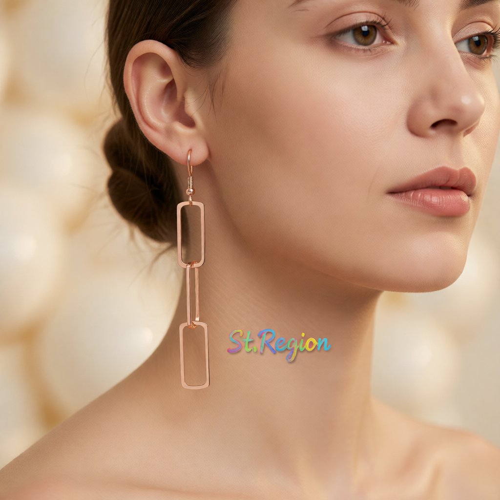 18K Rose Gold-Plated Triple Rectangle Drop Earring, rose gold drop earrings for women, dainty minimalist design, styled look