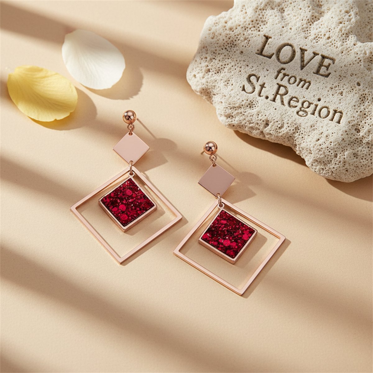 Red Sequin and 18K Rose Gold-Plated Rhombus Drop Earrings, rose gold drop earrings for women, lifestyle look