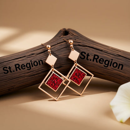 Red Sequin and 18K Rose Gold-Plated Rhombus Drop Earrings, rose gold drop earrings for women, front view