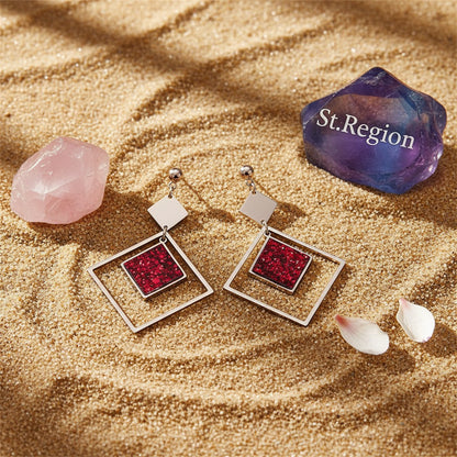 Red Sequin and 18K Rose Gold-Plated Rhombus Drop Earrings, rose gold drop earrings for women, detail close-up