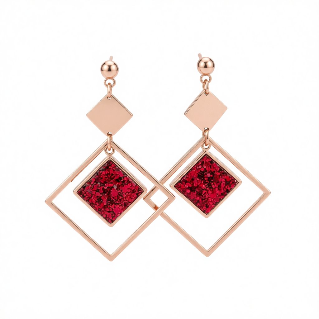 Red Sequin and 18K Rose Gold-Plated Rhombus Drop Earrings, rose gold drop earrings for women, side view