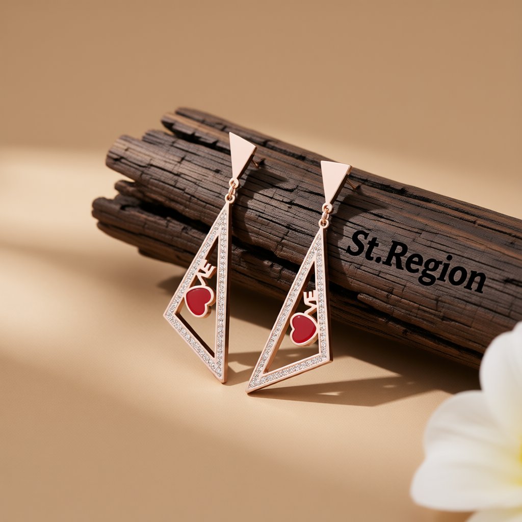 Red and 18K Rose Gold-Plated Triangle Heart Drop Earrings, rose gold drop earrings for women, front view