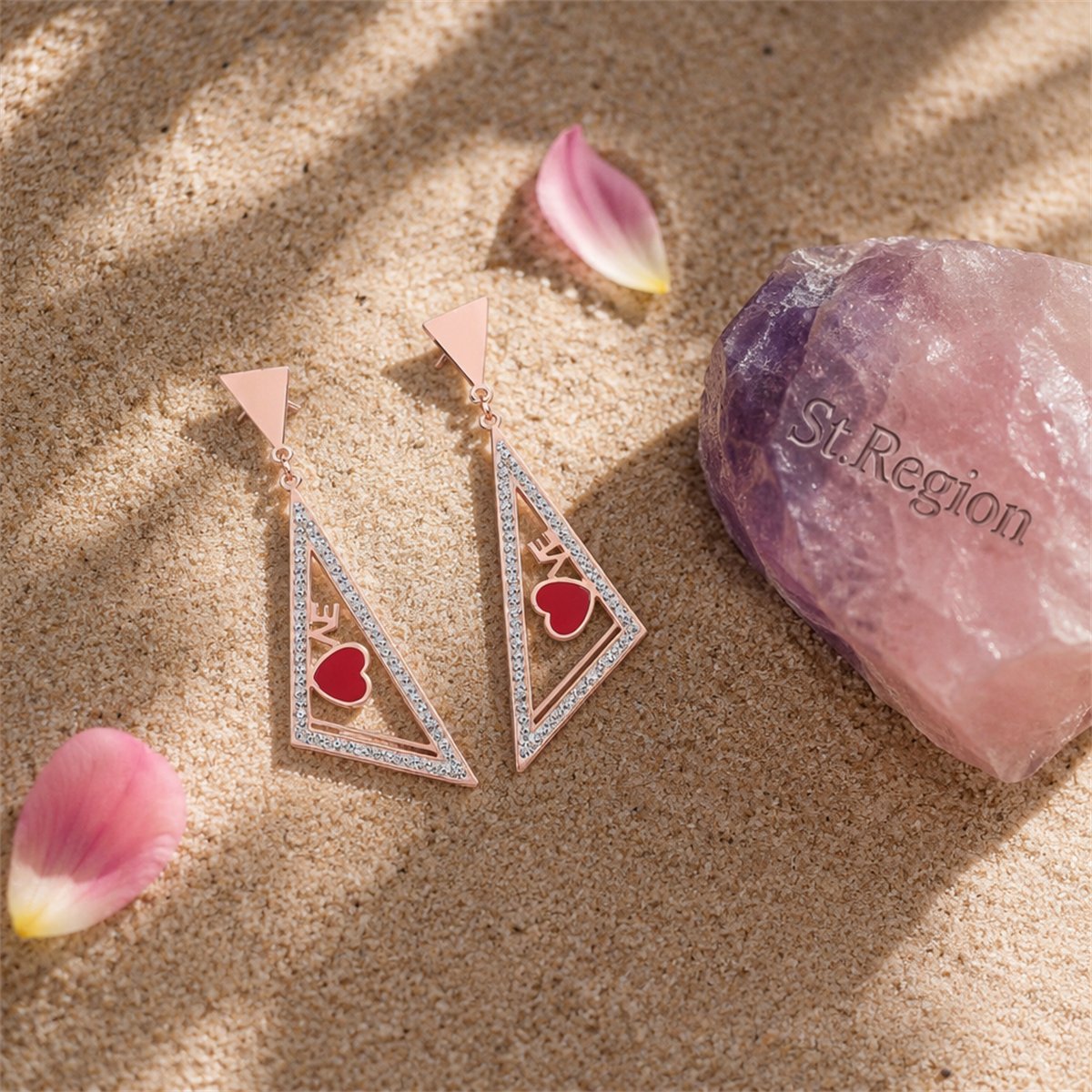 Red and 18K Rose Gold-Plated Triangle Heart Drop Earrings, rose gold drop earrings for women, detail close-up
