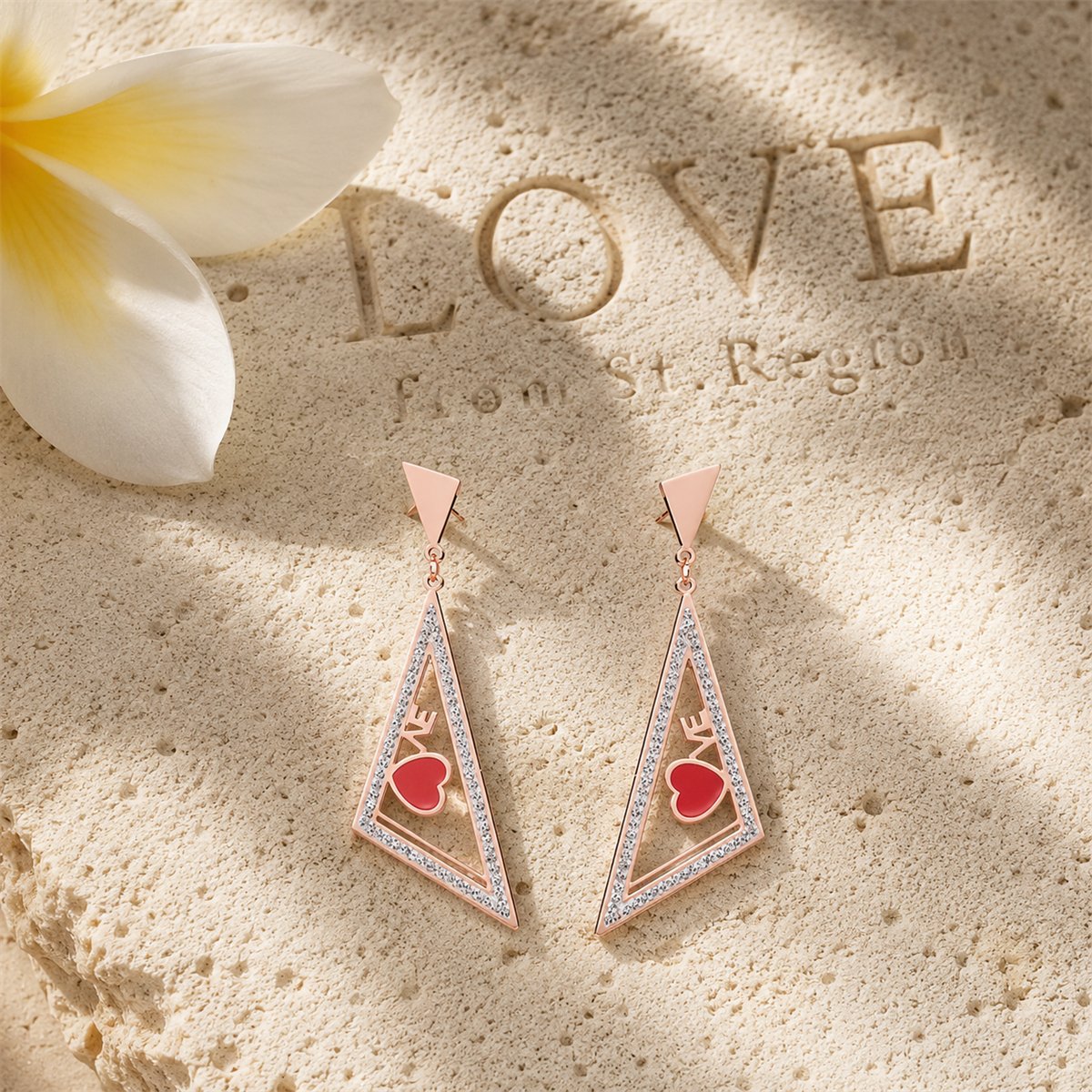 Red and 18K Rose Gold-Plated Triangle Heart Drop Earrings, rose gold drop earrings for women, lifestyle look