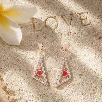 Red and 18K Rose Gold-Plated Triangle Heart Drop Earrings, rose gold drop earrings for women, lifestyle look