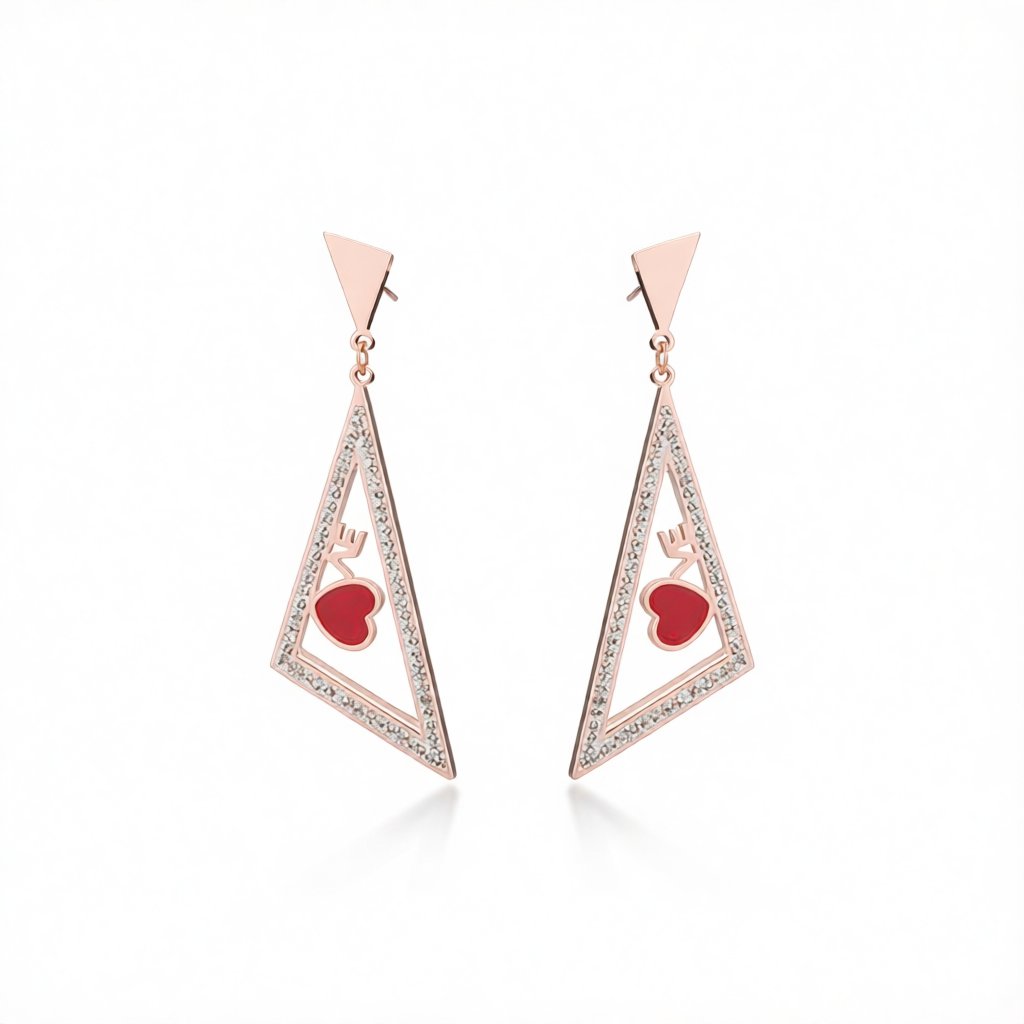 Red and 18K Rose Gold-Plated Triangle Heart Drop Earrings, rose gold drop earrings for women, side view