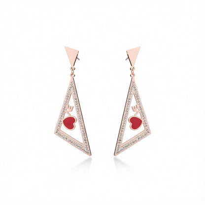 Red and 18K Rose Gold-Plated Triangle Heart Drop Earrings, rose gold drop earrings for women, side view