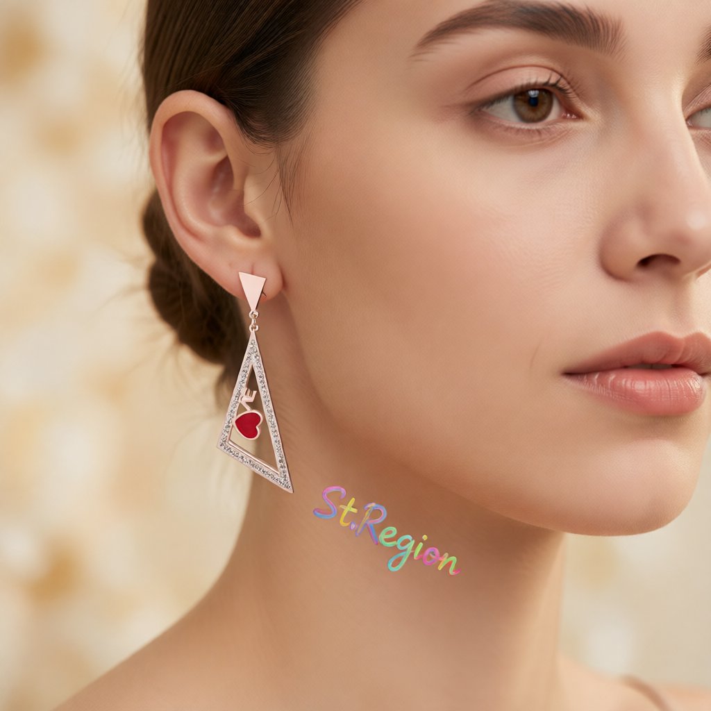 Red and 18K Rose Gold-Plated Triangle Heart Drop Earrings, rose gold drop earrings for women, styled look
