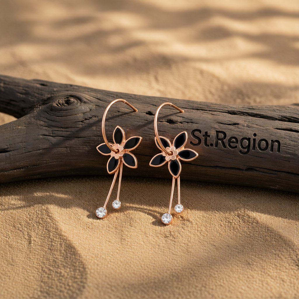 Black Cubic Zirconia and 18K Rose Gold-Plated Flower Drop Earrings, rose gold huggie earrings, front view