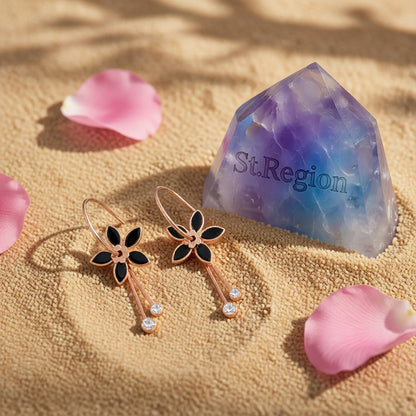 Black Cubic Zirconia and 18K Rose Gold-Plated Flower Drop Earrings, rose gold huggie earrings, detail close-up