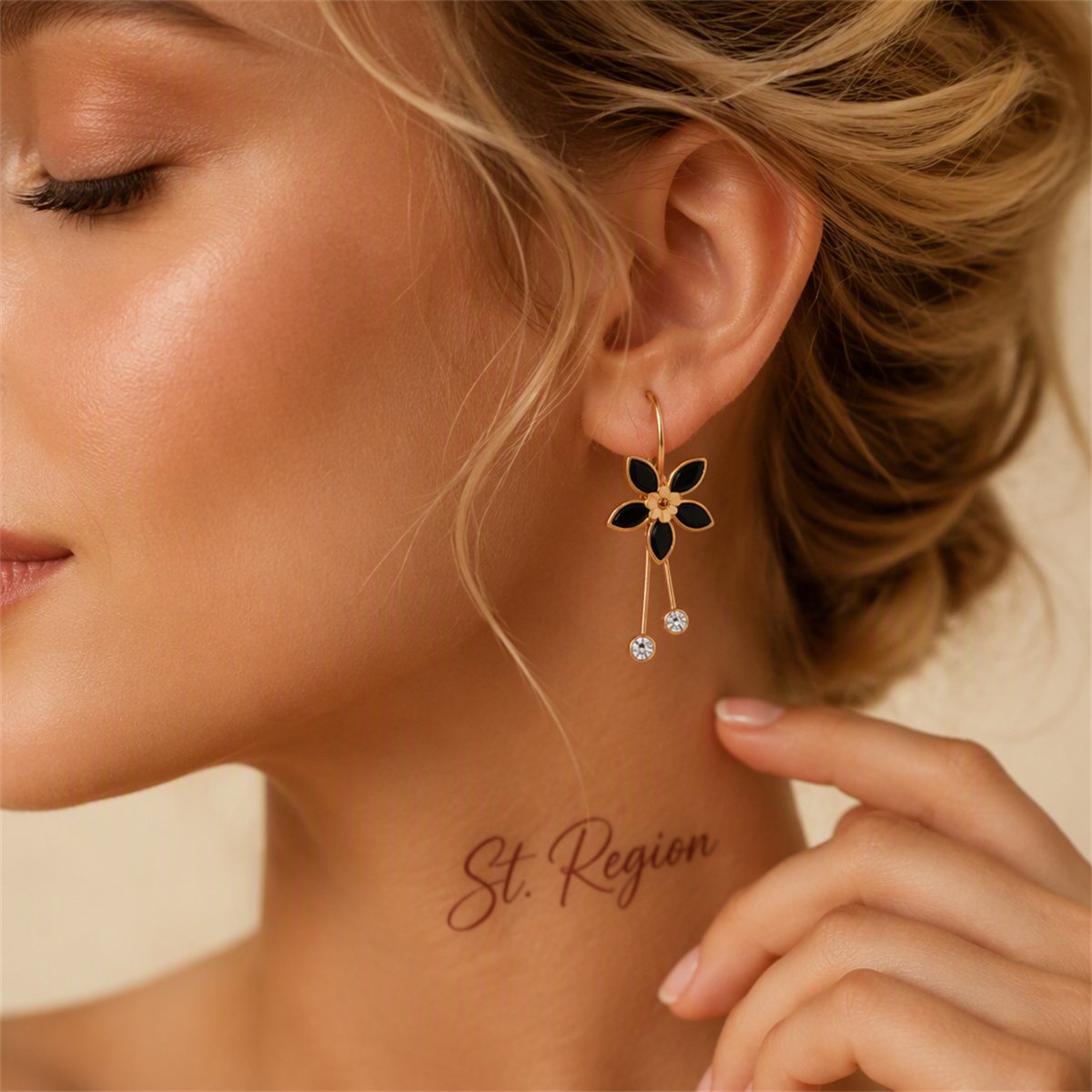 Black Cubic Zirconia and 18K Rose Gold-Plated Flower Drop Earrings, rose gold huggie earrings, styled look