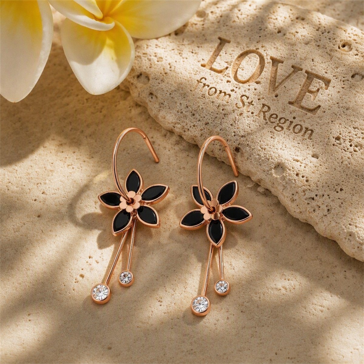 Black Cubic Zirconia and 18K Rose Gold-Plated Flower Drop Earrings, rose gold huggie earrings, lifestyle look