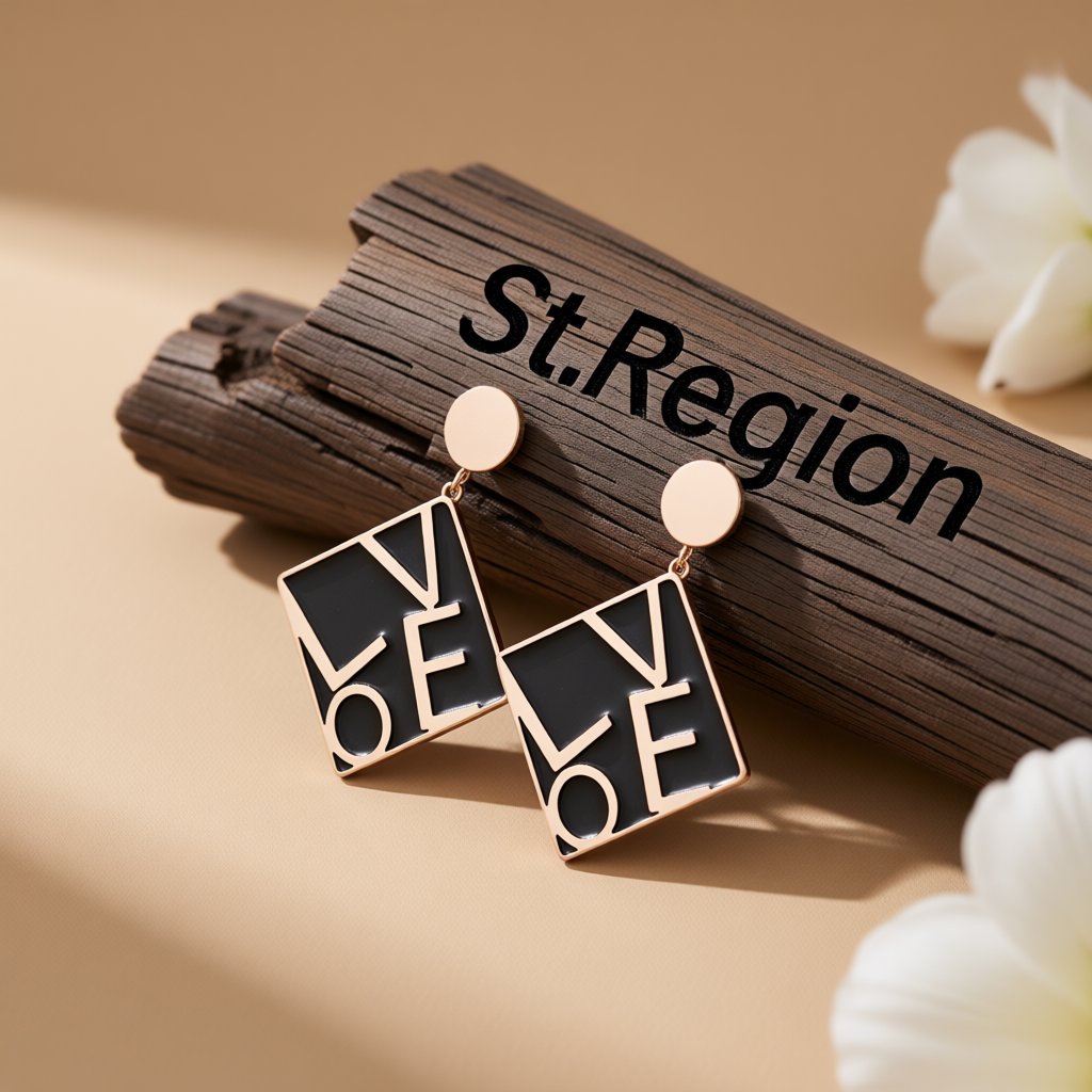 Black and 18K Rose Gold-Plated 'Love' Square Drop Earrings, rose gold drop earrings for women, botanical inspired, front view