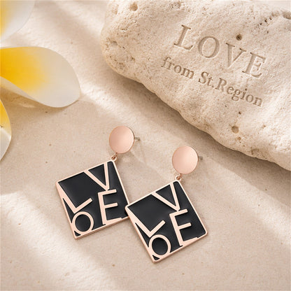Black and 18K Rose Gold-Plated 'Love' Square Drop Earrings, rose gold drop earrings for women, lifestyle look