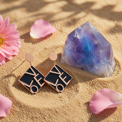 Black and 18K Rose Gold-Plated 'Love' Square Drop Earrings, rose gold drop earrings for women, detail close-up