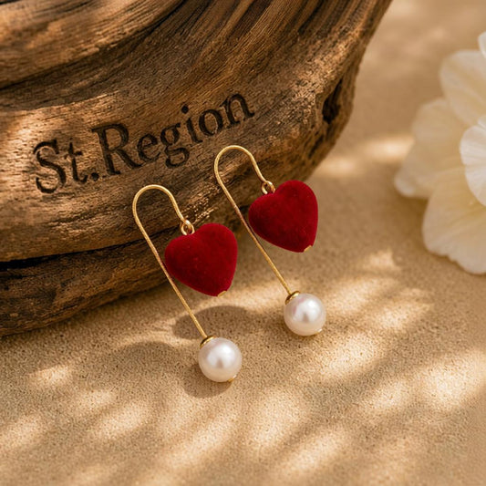Pearl & Wine Red Velvet Heart Drop Earrings