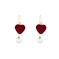 Pearl & Wine Red Velvet Heart Drop Earrings