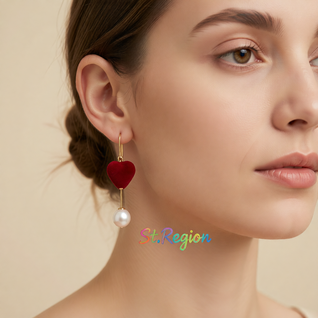 Pearl & Wine Red Velvet Heart Drop Earrings