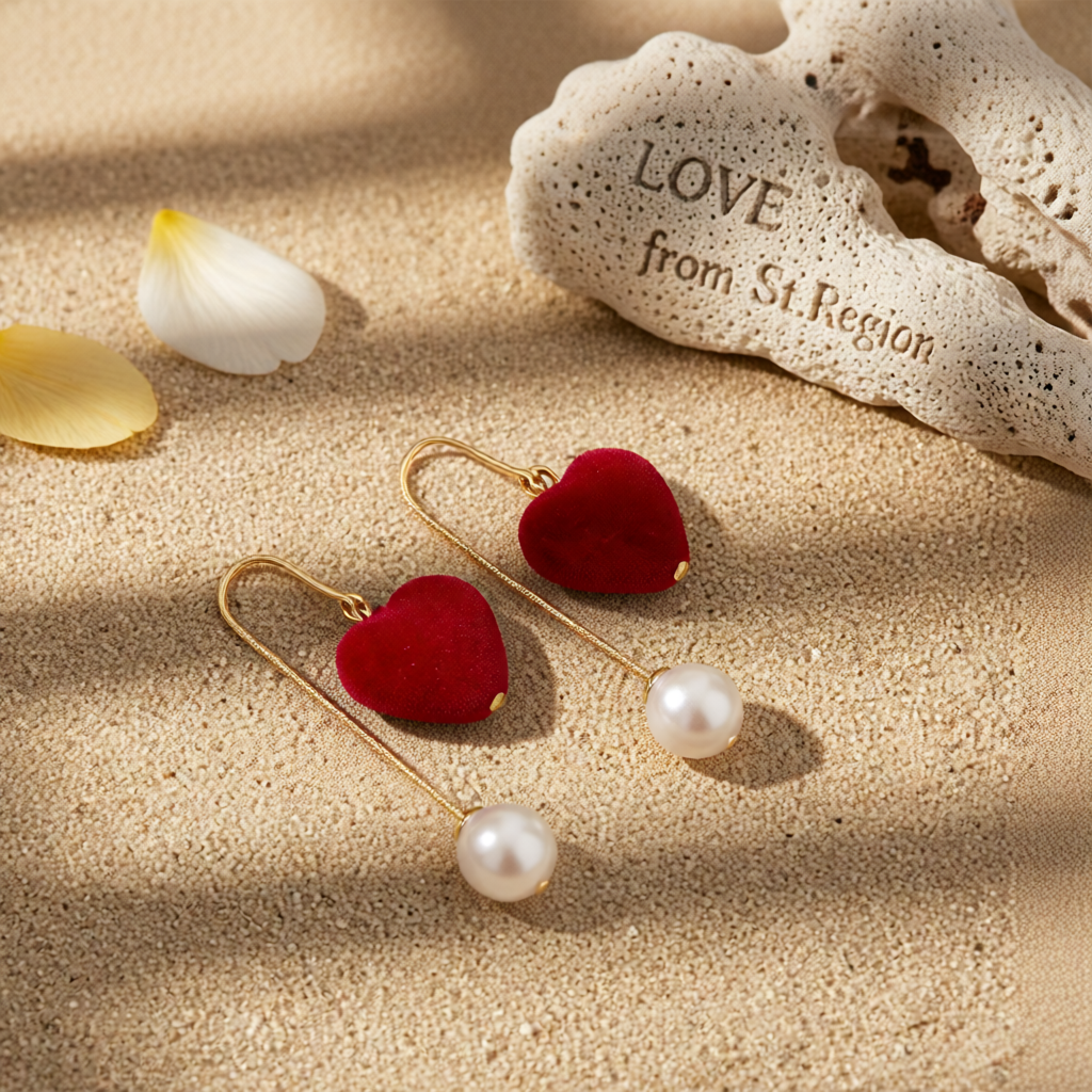 Pearl & Wine Red Velvet Heart Drop Earrings
