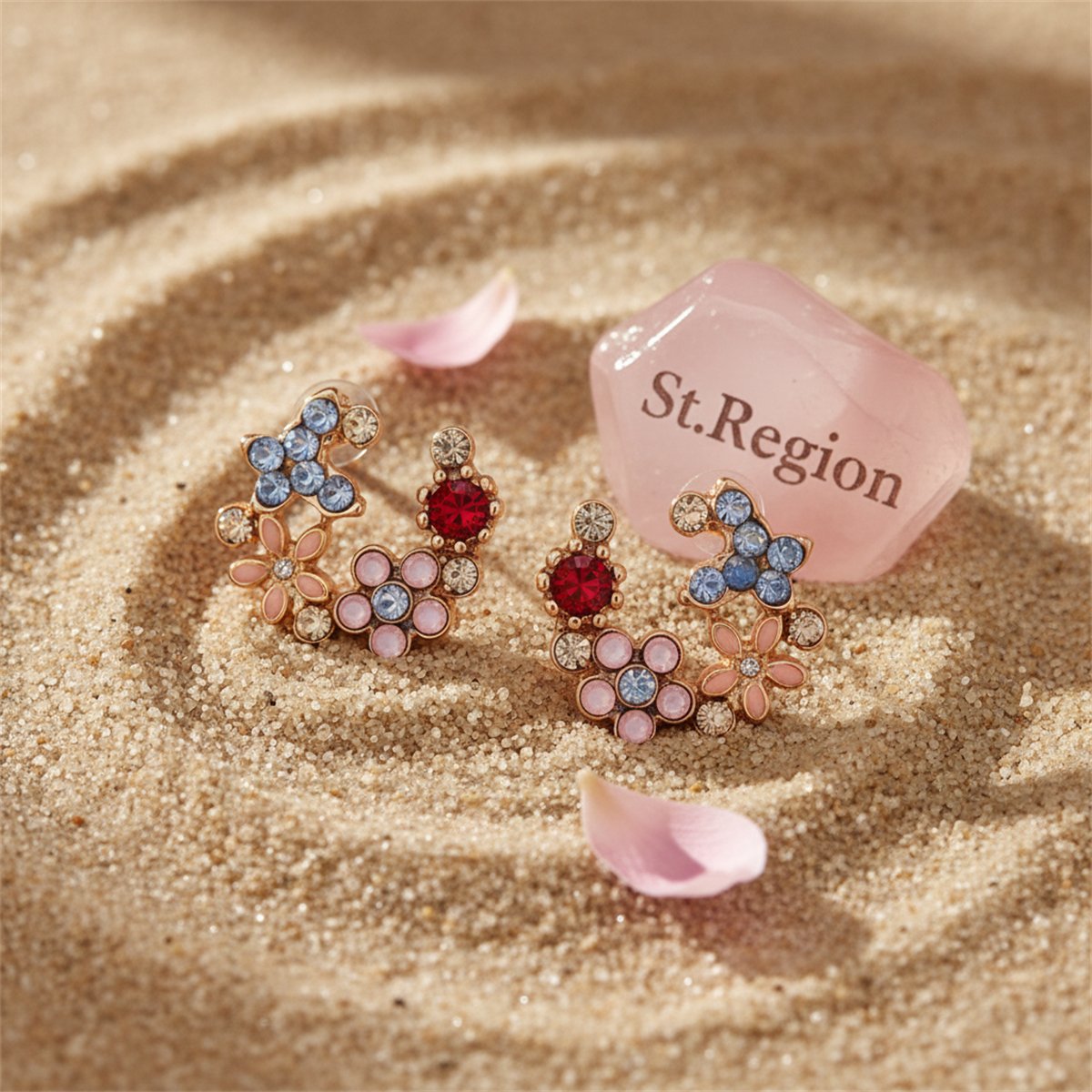 Crystal and Cubic Zirconia Flower Stud Earrings, stud earrings for women, botanical inspired, detail close-up