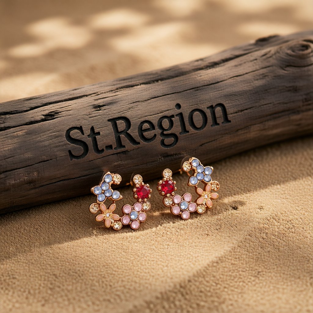 Crystal and Cubic Zirconia Flower Stud Earrings, stud earrings for women, botanical inspired, front view