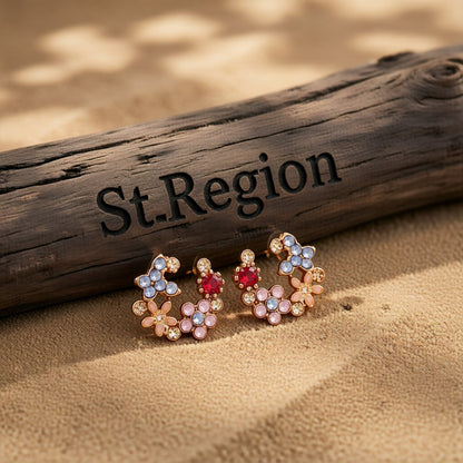 Crystal and Cubic Zirconia Flower Stud Earrings, stud earrings for women, botanical inspired, front view