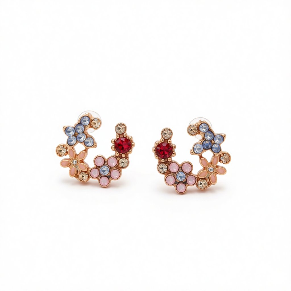 Crystal and Cubic Zirconia Flower Stud Earrings, stud earrings for women, botanical inspired, side view