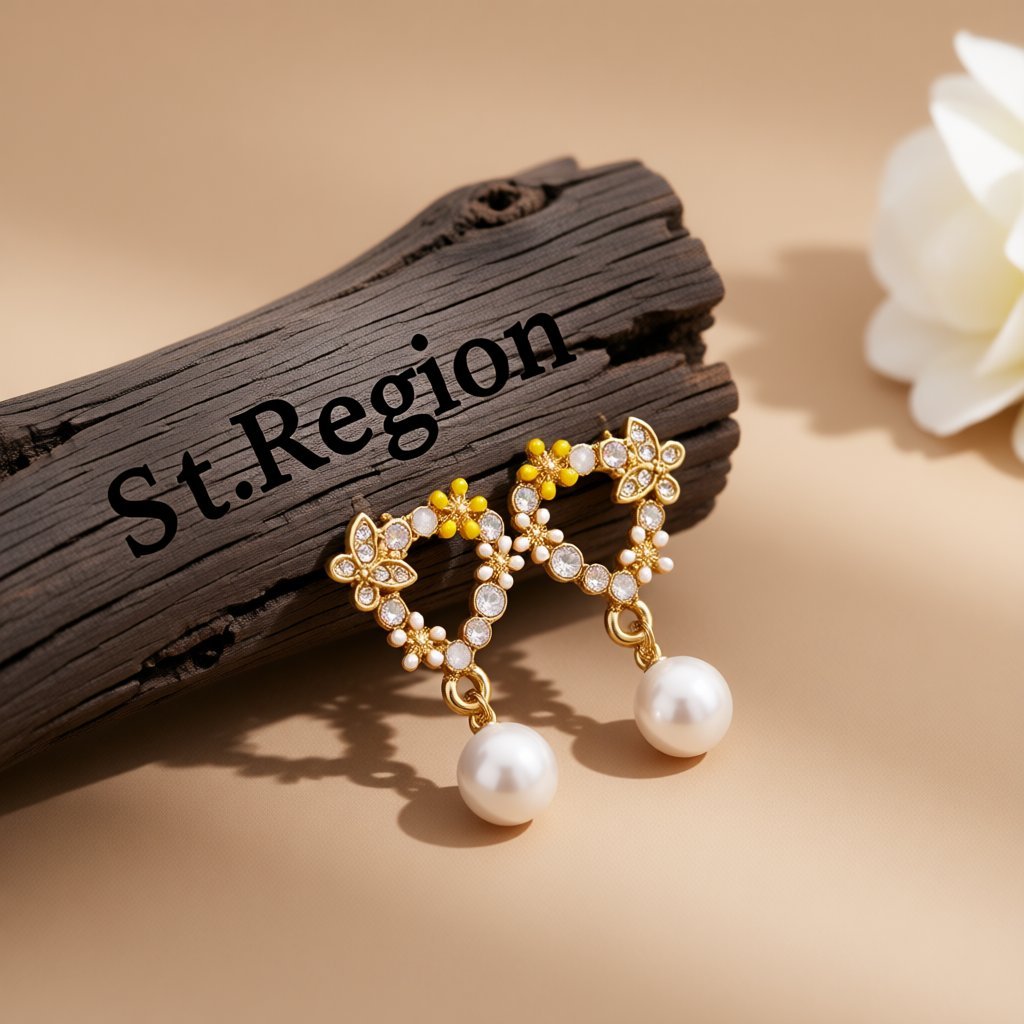 Pearl and Cubic Zirconia Enamel 18K Gold-Plated Butterfly Drop Earrings, gold drop earrings for women, front view