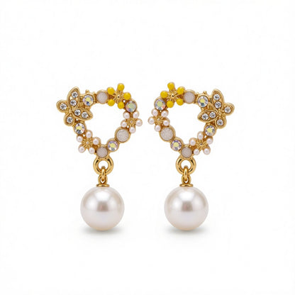 Pearl and Cubic Zirconia Enamel 18K Gold-Plated Butterfly Drop Earrings, gold drop earrings for women, side view