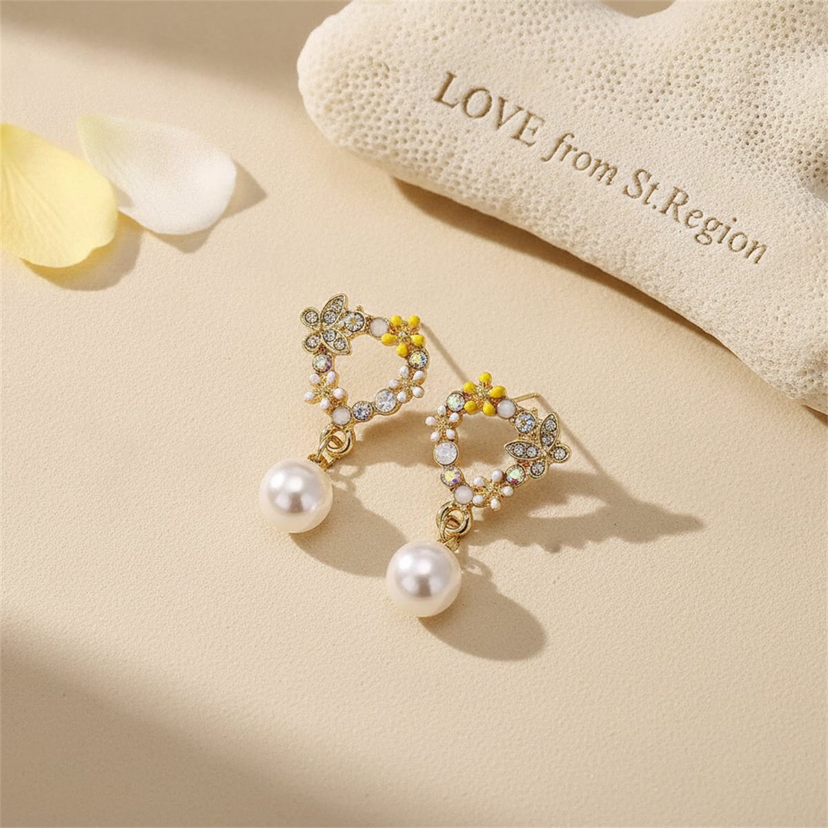 Pearl and Cubic Zirconia Enamel 18K Gold-Plated Butterfly Drop Earrings, gold drop earrings for women, lifestyle look