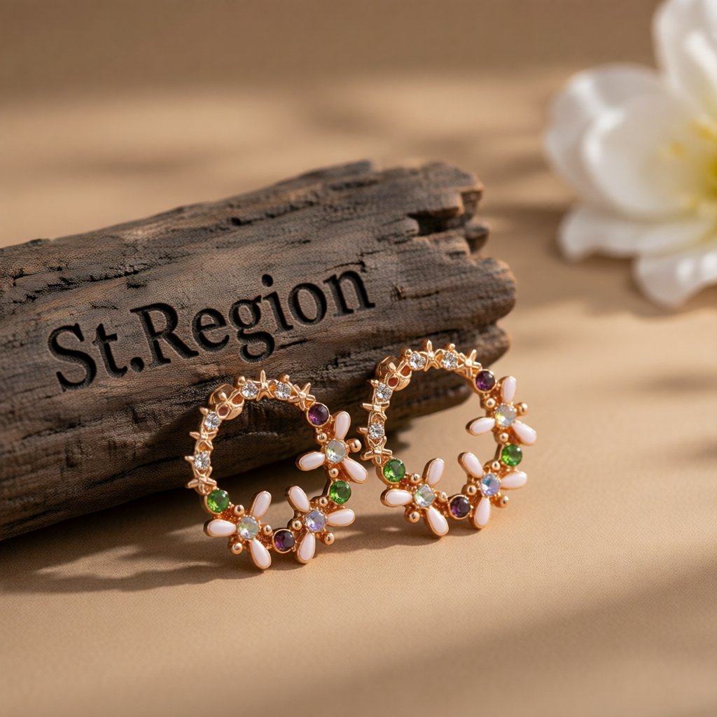Crystal and Cubic Zirconia Flower Stud Earrings, stud earrings for women, vintage-inspired design, front view