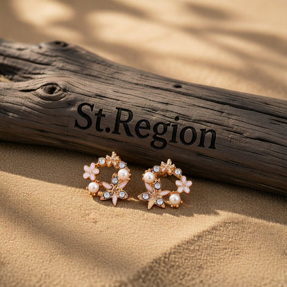 Pearl and Cubic Zirconia Flower Stud Earrings, cubic zirconia stud earrings for women, vintage-inspired design, front view