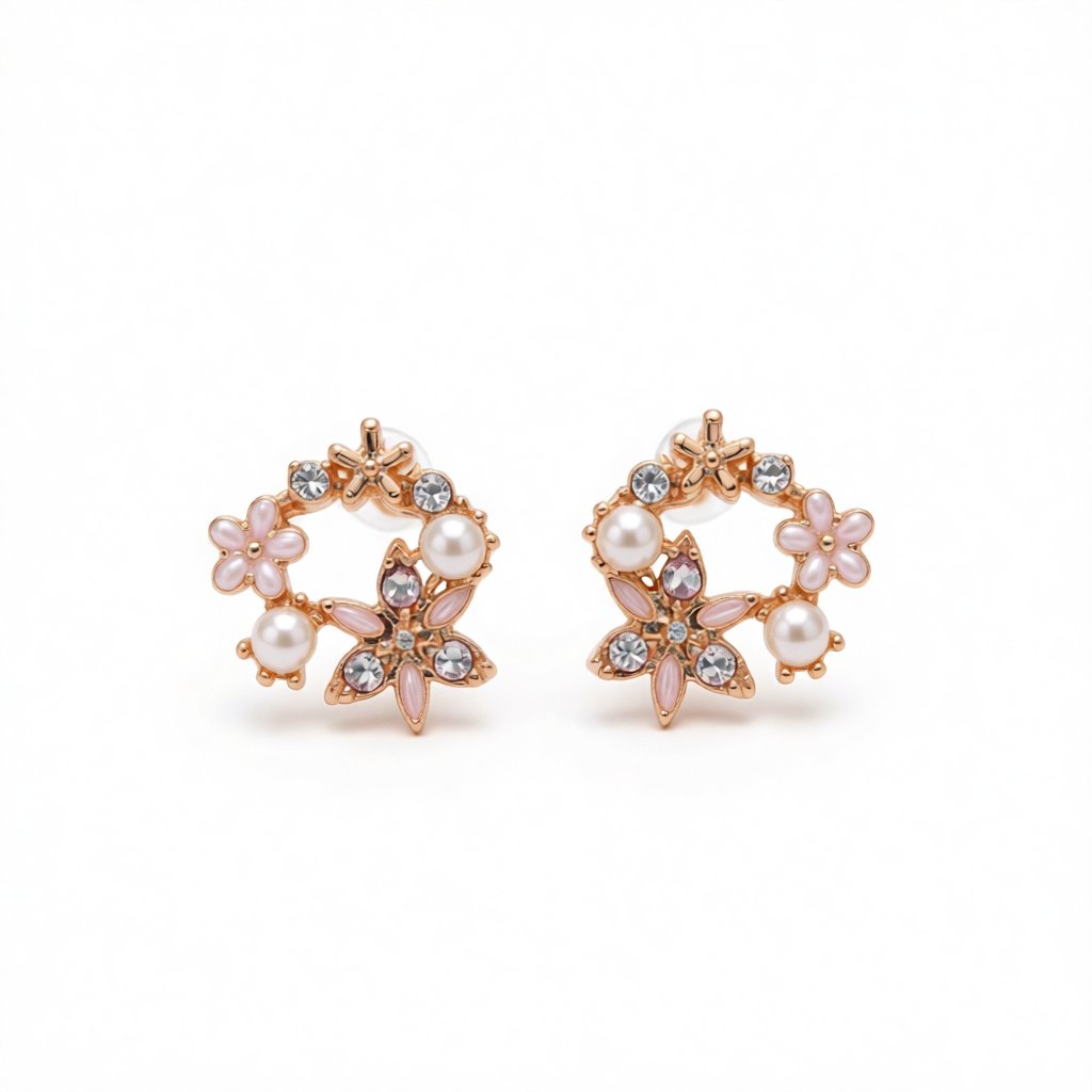 Pearl and Cubic Zirconia Flower Stud Earrings, cubic zirconia stud earrings for women, vintage-inspired design, side view