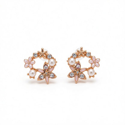 Pearl and Cubic Zirconia Flower Stud Earrings, cubic zirconia stud earrings for women, vintage-inspired design, side view